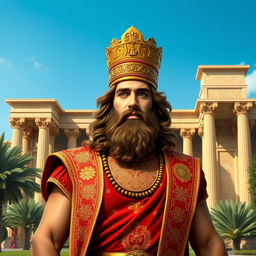 A majestic portrait of Cyrus the Great, the ancient Persian king, standing heroically in front of a grand ancient Persian palace