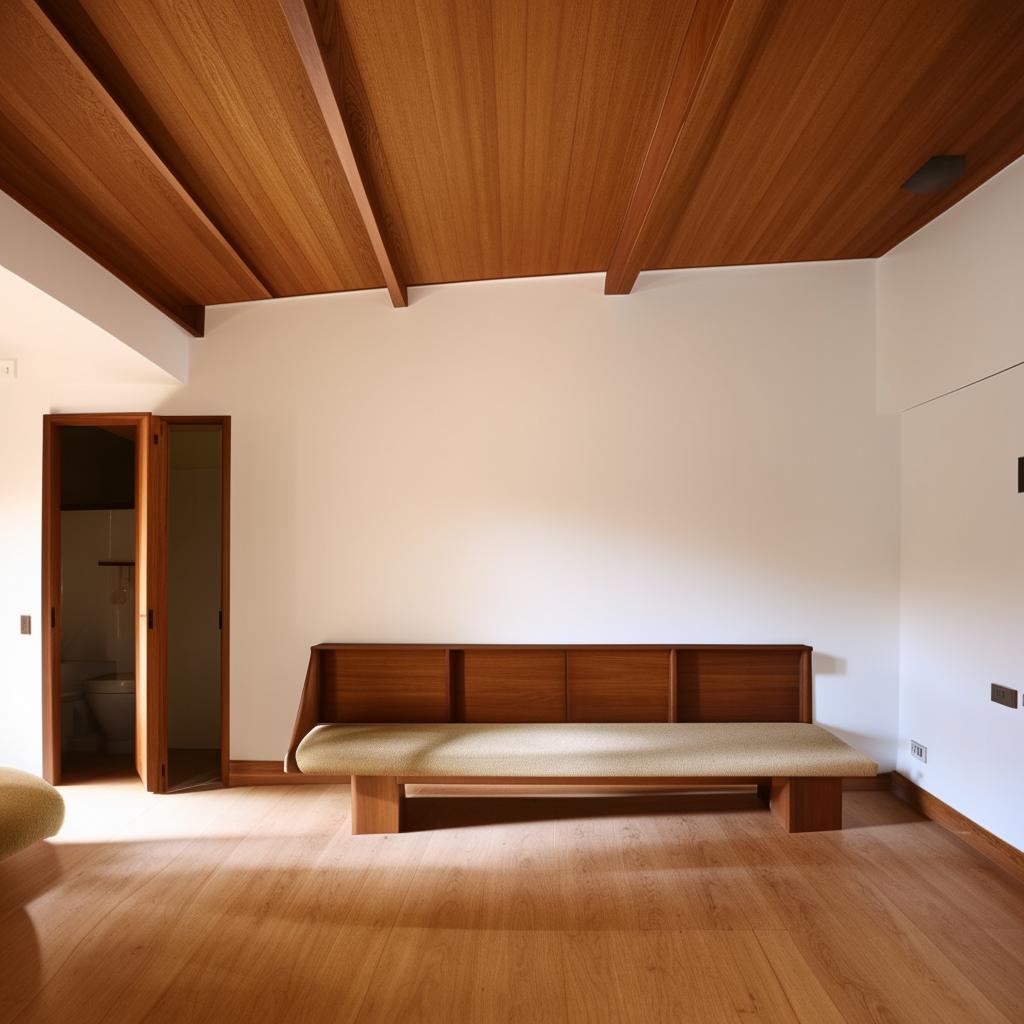 A long living room reflecting the mid-century modern architecture style, incorporating an elegantly designed inbuilt seater. The room showcases the minimalistic sophistication and organic integration typical of the style.