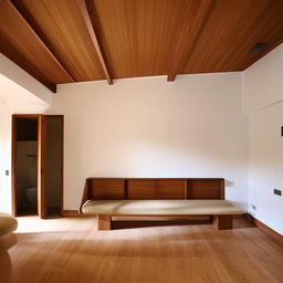 A long living room reflecting the mid-century modern architecture style, incorporating an elegantly designed inbuilt seater. The room showcases the minimalistic sophistication and organic integration typical of the style.