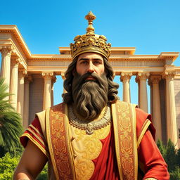 A majestic portrait of Cyrus the Great, the ancient Persian king, standing heroically in front of a grand ancient Persian palace