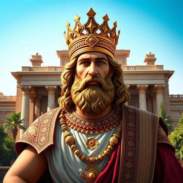 A majestic portrait of Cyrus the Great, the ancient Persian king, standing heroically in front of a grand ancient Persian palace