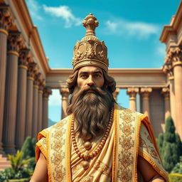 A majestic portrait of Cyrus the Great, the ancient Persian king, standing heroically in front of a grand ancient Persian palace