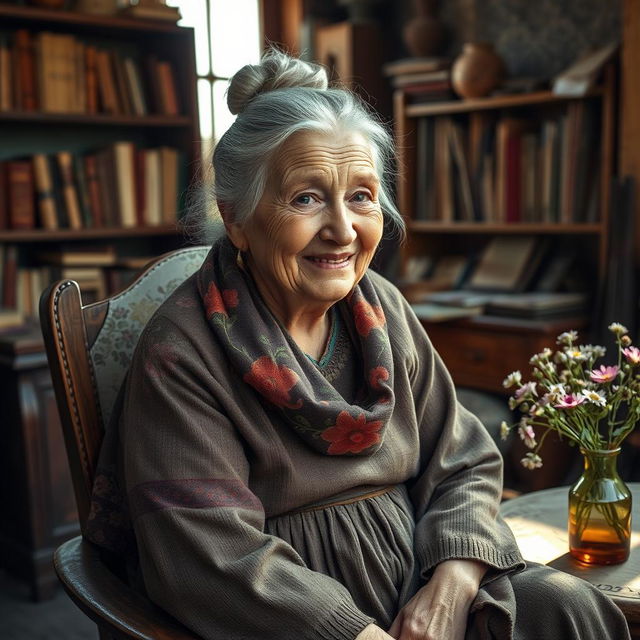 A wise and resilient Russian old woman with silver hair tied in a bun, wearing a traditional floral-patterned shawl and a long, warm dress