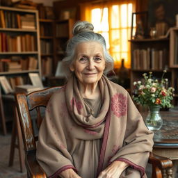 A wise and resilient Russian old woman with silver hair tied in a bun, wearing a traditional floral-patterned shawl and a long, warm dress