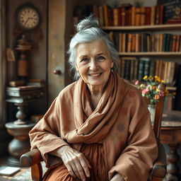 A wise and resilient Russian old woman with silver hair tied in a bun, wearing a traditional floral-patterned shawl and a long, warm dress