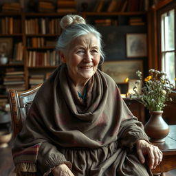 A wise and resilient Russian old woman with silver hair tied in a bun, wearing a traditional floral-patterned shawl and a long, warm dress