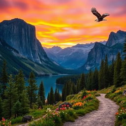 A majestic mountain landscape at sunset, with towering cliffs and vibrant orange and purple skies