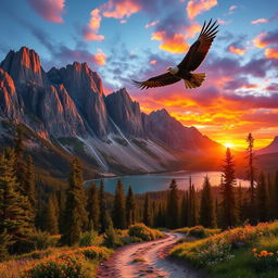 A majestic mountain landscape at sunset, with towering cliffs and vibrant orange and purple skies