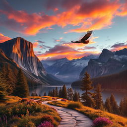 A majestic mountain landscape at sunset, with towering cliffs and vibrant orange and purple skies