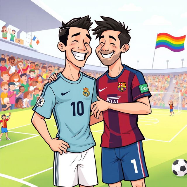 A playful and humorous illustration of two soccer legends, Cristiano Ronaldo and Lionel Messi, sharing a lighthearted moment together in a colorful and vibrant setting