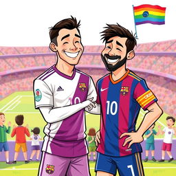 A playful and humorous illustration of two soccer legends, Cristiano Ronaldo and Lionel Messi, sharing a lighthearted moment together in a colorful and vibrant setting