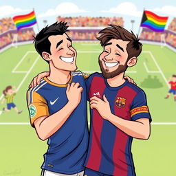 A playful and humorous illustration of two soccer legends, Cristiano Ronaldo and Lionel Messi, sharing a lighthearted moment together in a colorful and vibrant setting