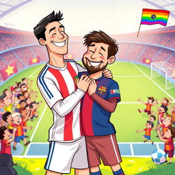 A playful and humorous illustration of two soccer legends, Cristiano Ronaldo and Lionel Messi, sharing a lighthearted moment together in a colorful and vibrant setting