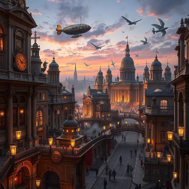 A stunning digital art depiction of a steampunk Roman Empire city, featuring intricate architecture blending classical Roman designs with steampunk elements such as brass gears, steam-powered machinery, and elaborate clockwork