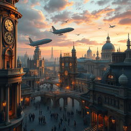 A stunning digital art depiction of a steampunk Roman Empire city, featuring intricate architecture blending classical Roman designs with steampunk elements such as brass gears, steam-powered machinery, and elaborate clockwork