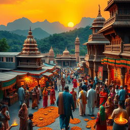 An artistic representation of Pakistan envisioned as a Hindu nation, showcasing traditional Hindu architecture such as temples with intricate carvings