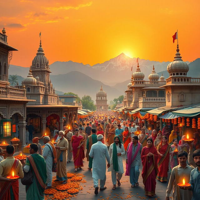 An artistic representation of Pakistan envisioned as a Hindu nation, showcasing traditional Hindu architecture such as temples with intricate carvings