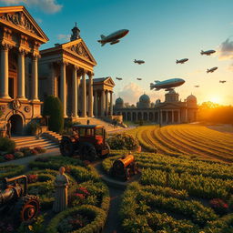 A captivating digital art image of a steampunk Roman Empire plantation, showcasing lush fields adorned with mechanical farming tools and steam-powered tractors