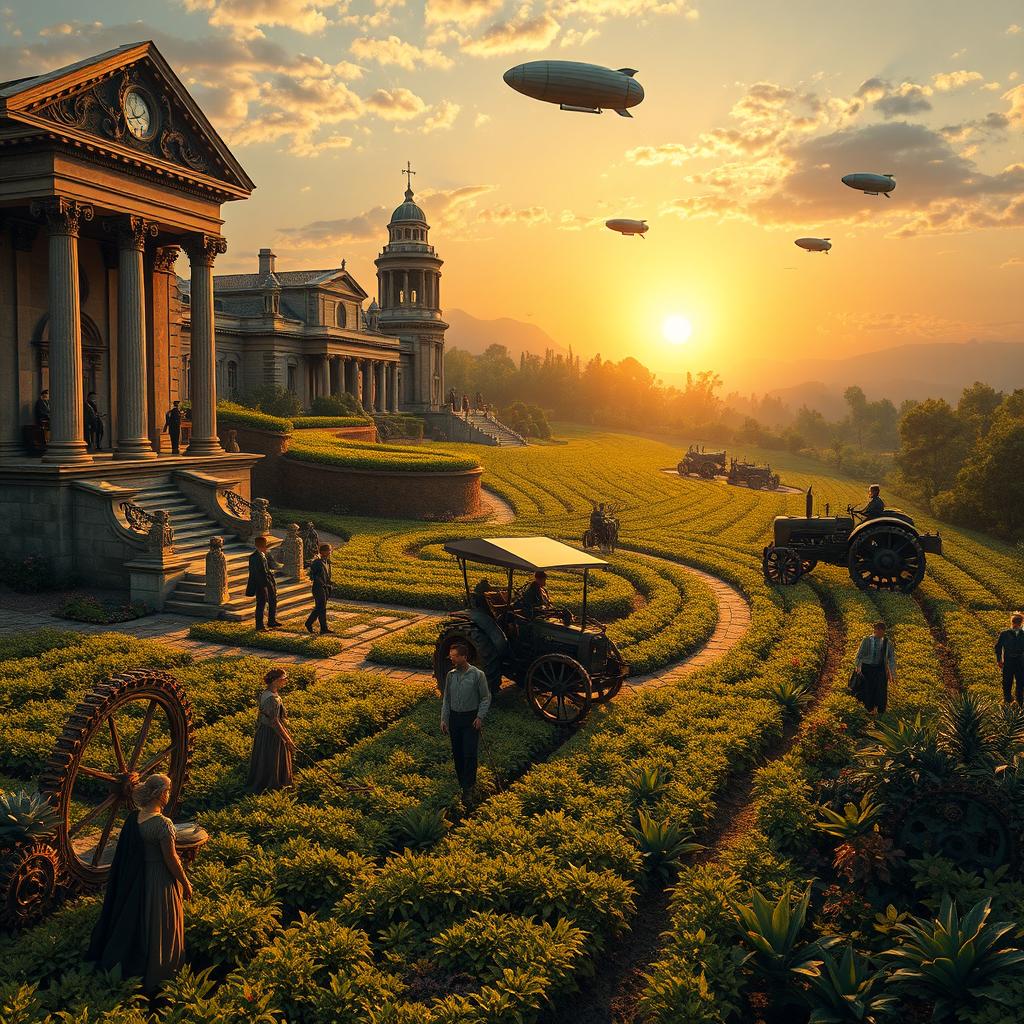 A captivating digital art image of a steampunk Roman Empire plantation, showcasing lush fields adorned with mechanical farming tools and steam-powered tractors