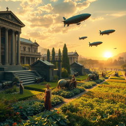 A captivating digital art image of a steampunk Roman Empire plantation, showcasing lush fields adorned with mechanical farming tools and steam-powered tractors