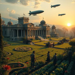 A captivating digital art image of a steampunk Roman Empire plantation, showcasing lush fields adorned with mechanical farming tools and steam-powered tractors