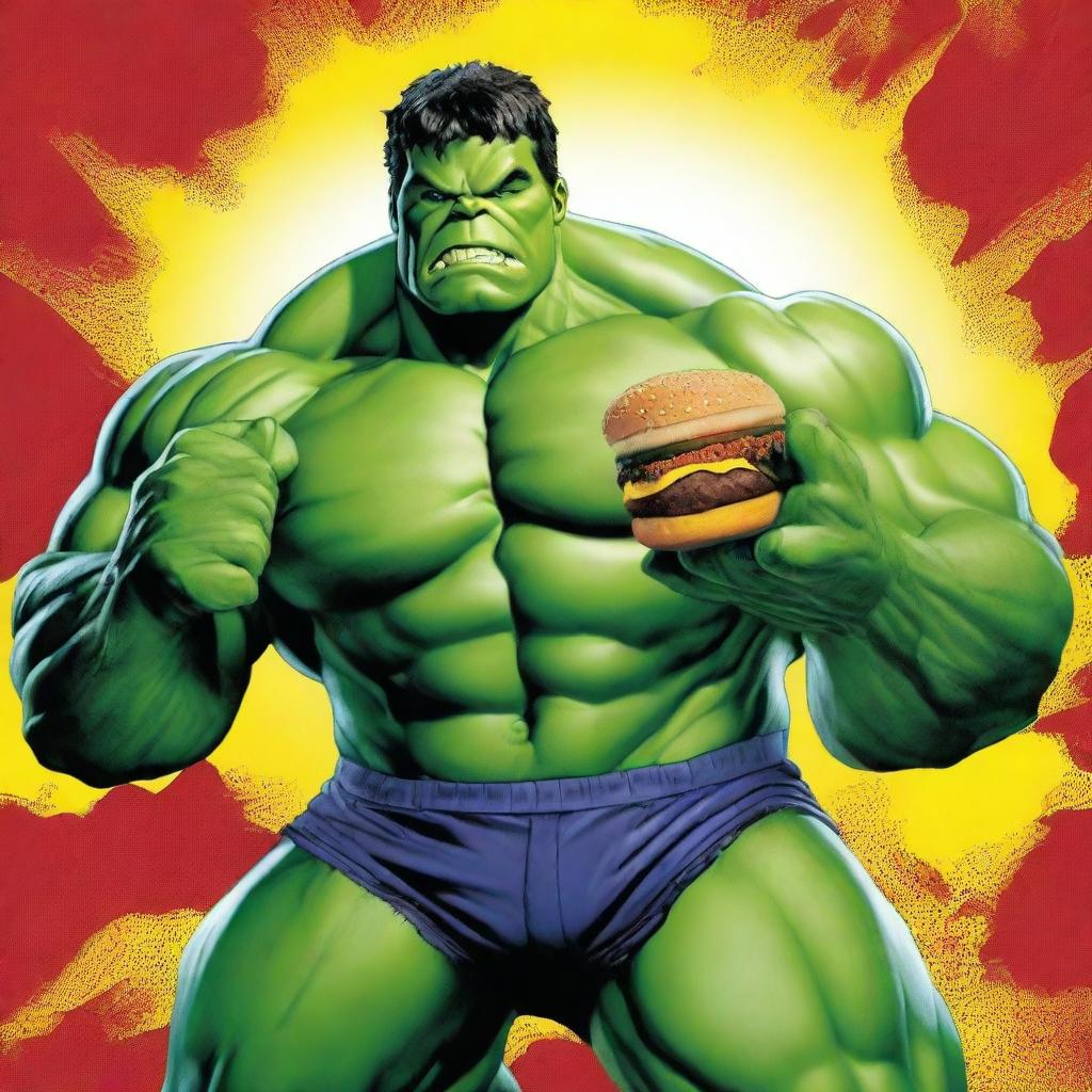 A high-quality digital art piece displaying the Marvel character, Hulk, indulging in a juicy hamburger