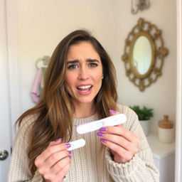 A woman holding a pregnancy test, expressing a mix of emotions on her face, ranging from hope to uncertainty