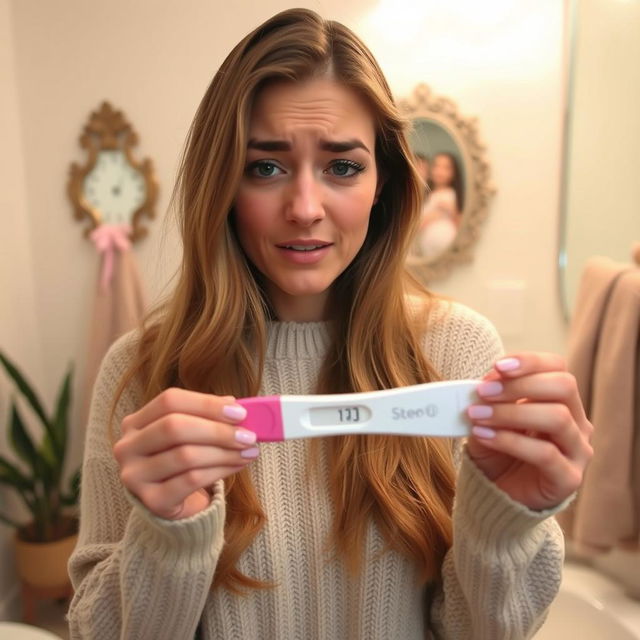 A woman holding a pregnancy test, expressing a mix of emotions on her face, ranging from hope to uncertainty