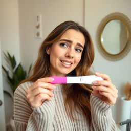 A woman holding a pregnancy test, expressing a mix of emotions on her face, ranging from hope to uncertainty