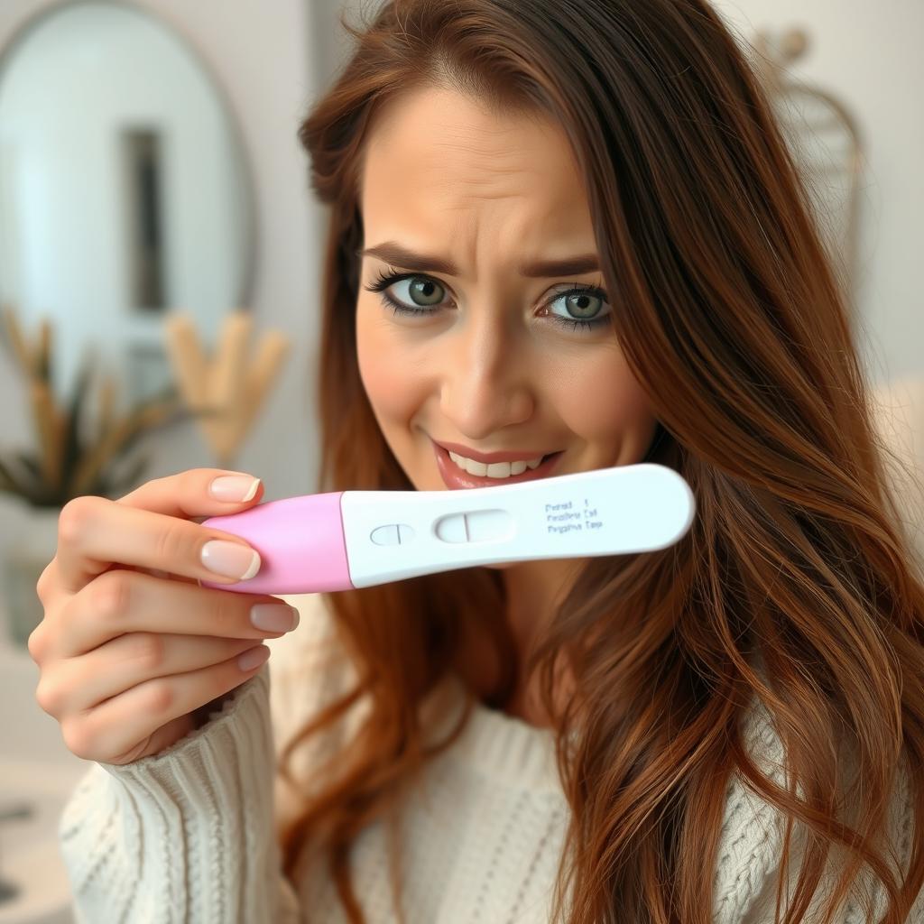 A woman holding a pregnancy test, expressing a mix of emotions on her face, ranging from hope to uncertainty