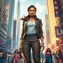 A powerful artwork capturing the theme of female empowerment, showcasing a confident woman standing tall in a vibrant cityscape