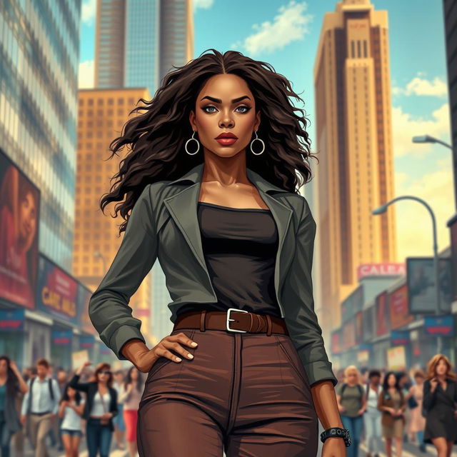 A powerful artwork capturing the theme of female empowerment, showcasing a confident woman standing tall in a vibrant cityscape