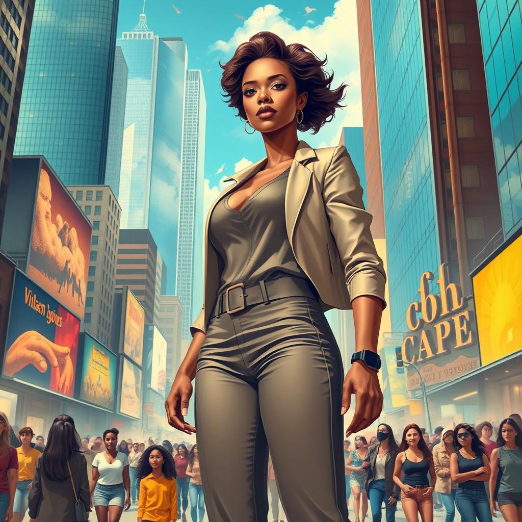 A powerful artwork capturing the theme of female empowerment, showcasing a confident woman standing tall in a vibrant cityscape