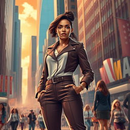A powerful artwork capturing the theme of female empowerment, showcasing a confident woman standing tall in a vibrant cityscape