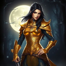 A stunning golden female warrior with striking black hair, standing confidently in the moonlight