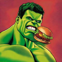 A high-quality digital art piece displaying the Marvel character, Hulk, indulging in a juicy hamburger