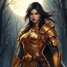 A stunning golden female warrior with striking black hair, standing confidently in the moonlight