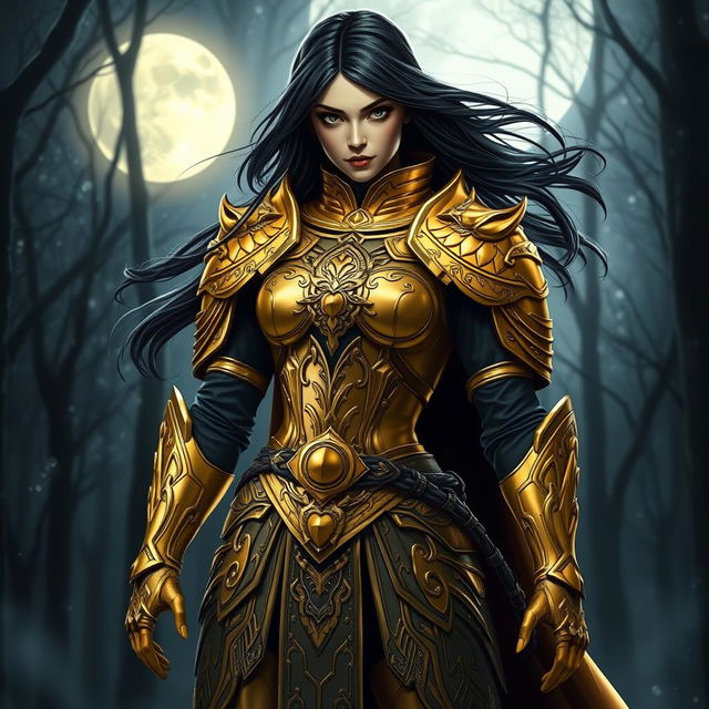 A stunning golden female warrior with striking black hair, standing confidently in the moonlight