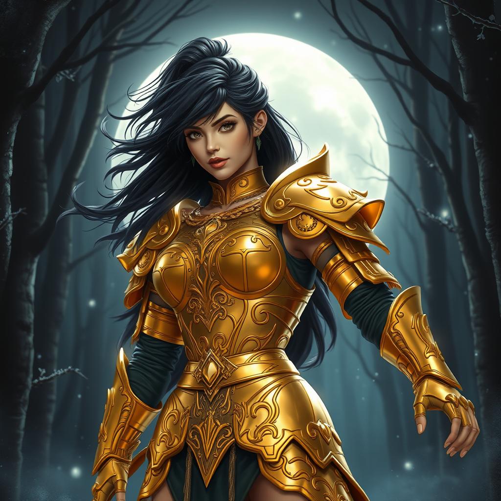 A stunning golden female warrior with striking black hair, standing confidently in the moonlight