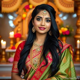 A stunning portrait of Mia Khalifa dressed in traditional Hindu attire, adorned with a colorful saree embellished with intricate patterns