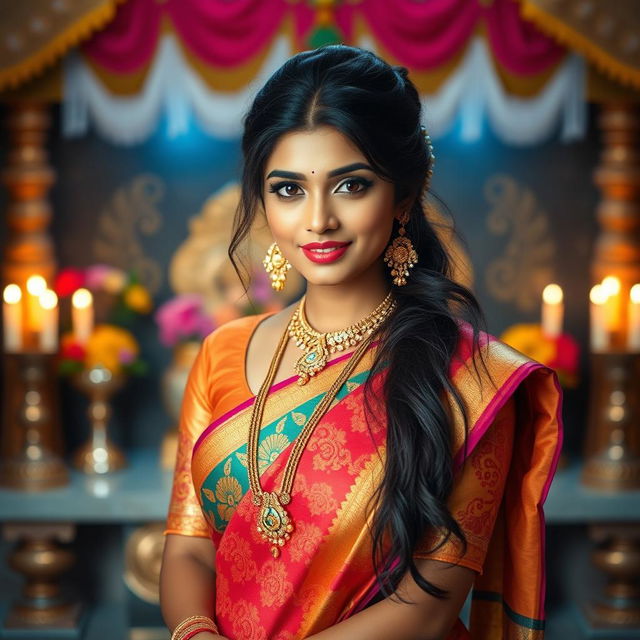 A stunning portrait of Mia Khalifa dressed in traditional Hindu attire, adorned with a colorful saree embellished with intricate patterns