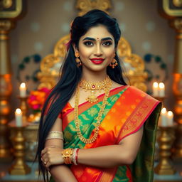 A stunning portrait of Mia Khalifa dressed in traditional Hindu attire, adorned with a colorful saree embellished with intricate patterns