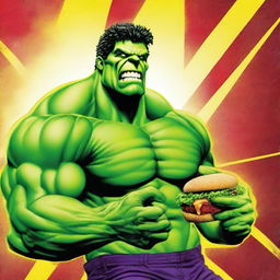 A high-quality digital art piece displaying the Marvel character, Hulk, indulging in a juicy hamburger