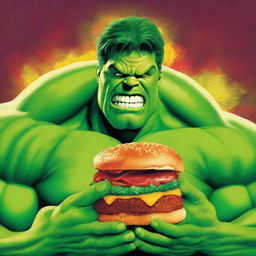 A high-quality digital art piece displaying the Marvel character, Hulk, indulging in a juicy hamburger