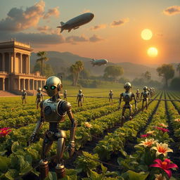 A captivating digital art scene of a steampunk Roman Empire plantation, showcasing lush fields meticulously maintained by robot workers
