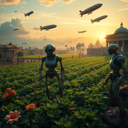 A captivating digital art scene of a steampunk Roman Empire plantation, showcasing lush fields meticulously maintained by robot workers