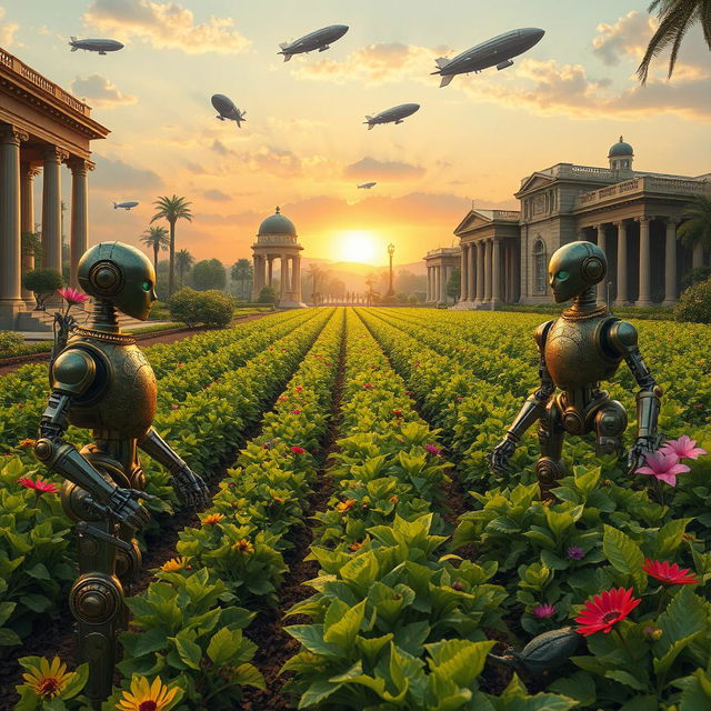 A captivating digital art scene of a steampunk Roman Empire plantation, showcasing lush fields meticulously maintained by robot workers