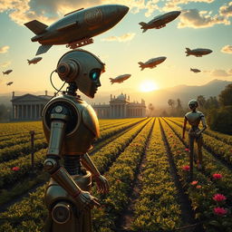 A captivating digital art scene of a steampunk Roman Empire plantation, showcasing lush fields meticulously maintained by robot workers