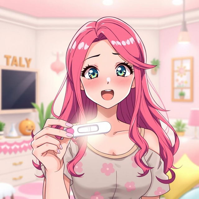 An anime-style illustration of a woman holding a pregnancy test, her expression a mixture of surprise and joy