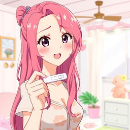 An anime-style illustration of a woman holding a pregnancy test, her expression a mixture of surprise and joy